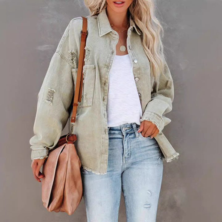 Women's Casual Oversized Denim Jacket with Frayed Edges and Decorative Buttons Lisslune