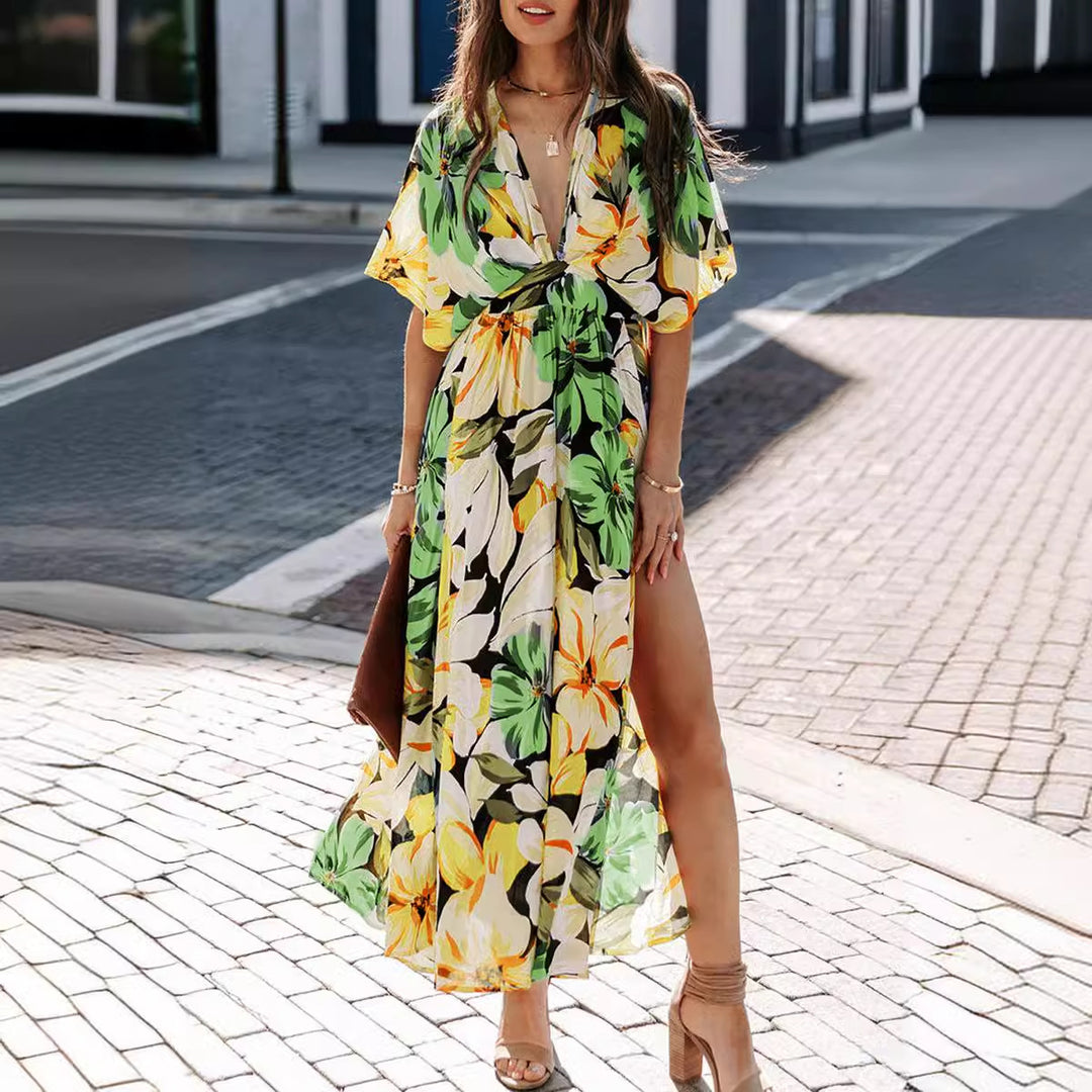 Women's maxi dress with floral wrap design and deep V-neck