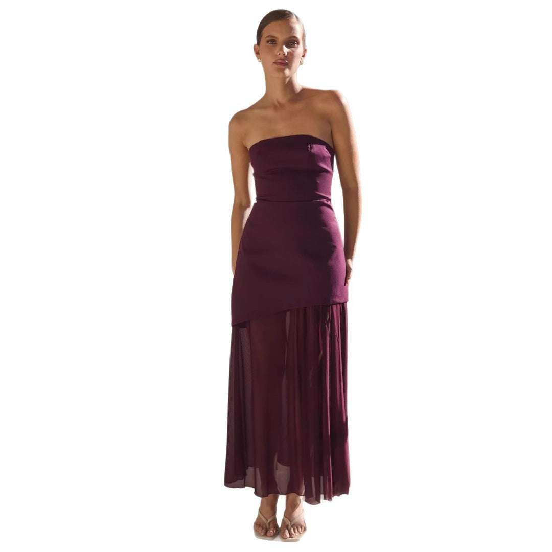 Women's Elegant Bandeau Maxi Dress with Flowing Chiffon Skirt and Figure-Hugging Bodice