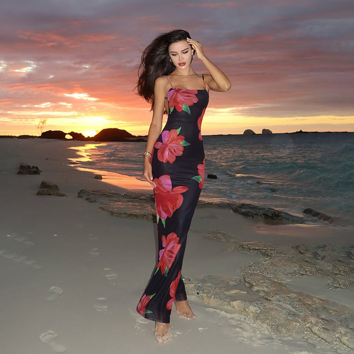 Women's fitted maxi dress with floral accents and narrow spaghetti straps Lune London