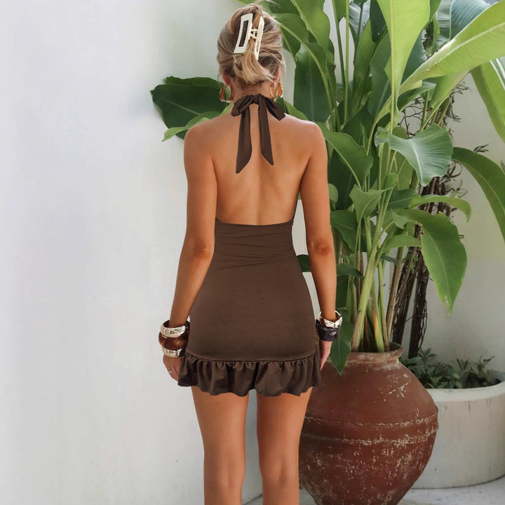 Damen ärmelloses Minikleid mit hohem Kragen und Rüschensaum Lisslune