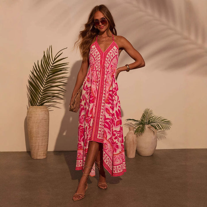 Ladies Airy Maxi Dress with Playful Halterneck Design and Floral Accents Lisslune