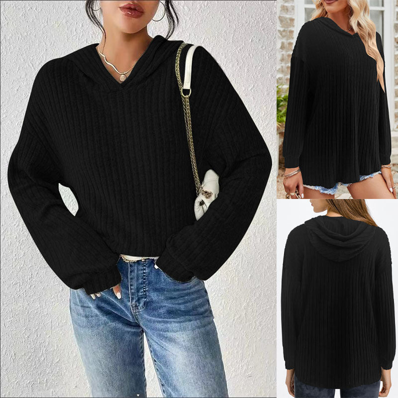 Damen Lässiger Kapuzenpullover mit Stilvollem Rippmuster und Überschnittenen Ärmeln Lisslune