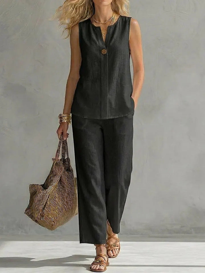 Women's Casual Two-Piece Set with Sleeveless Blouse and Trendy Pants Lisslune