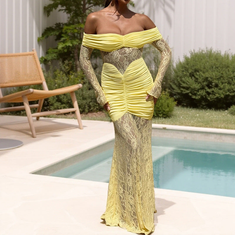 Women's maxi dress with chic ruching and off-shoulder design