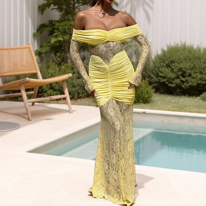 Women's maxi dress with chic ruching and off-shoulder design