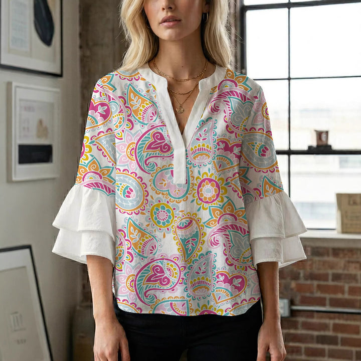 Women's blouse with voluminous wing sleeves and intense leaf pattern Lisslune