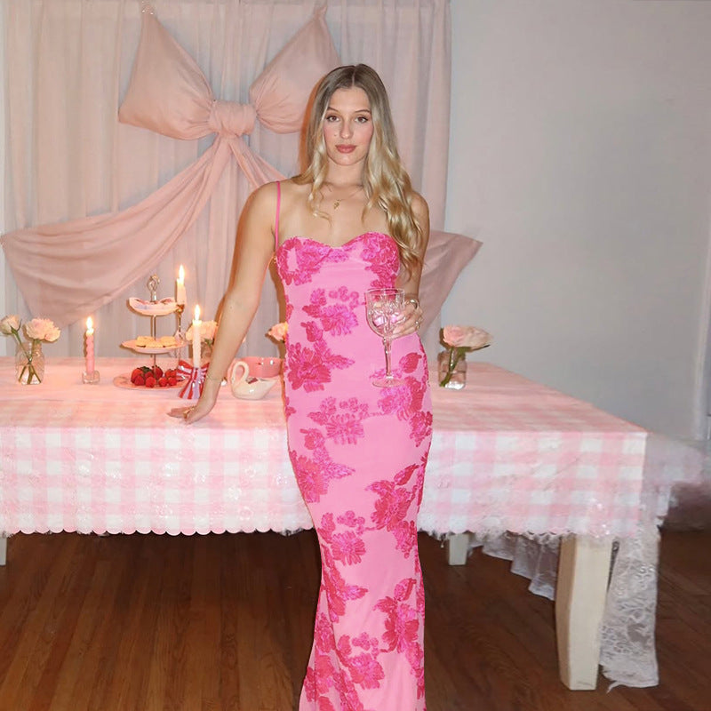 Women’s maxi dress with floral lace accents and elegant cut