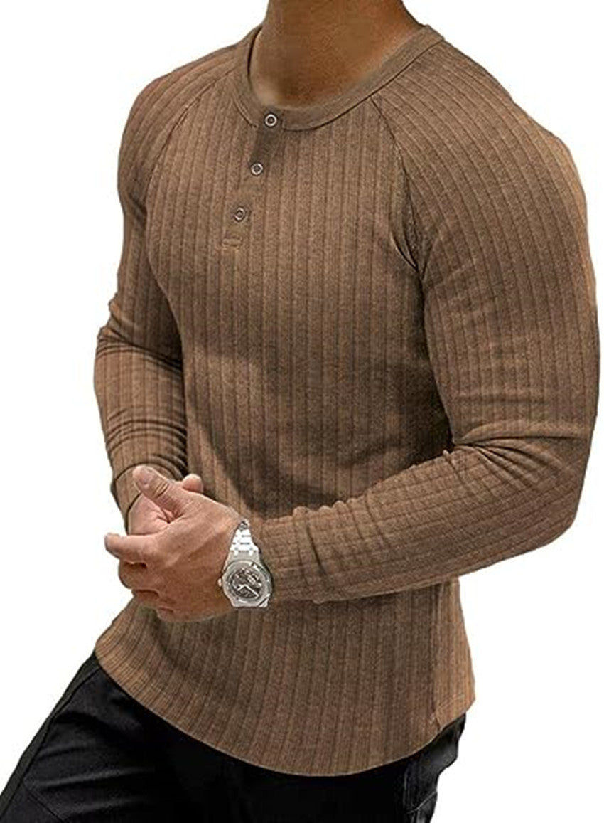 Men's long-sleeved ribbed T-shirt with button placket Lisslune