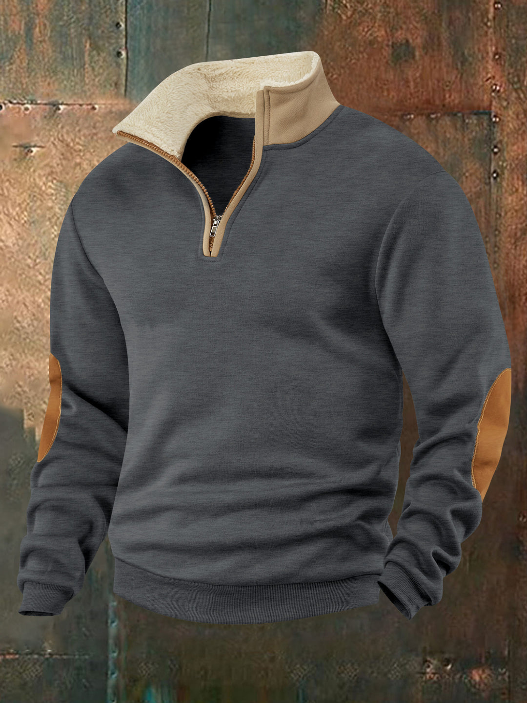 Men's fleece pullover with high collar and fashionable leather appliqués Lisslune