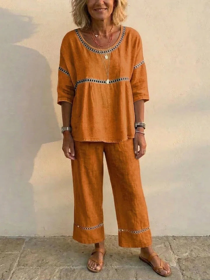 Women's Complete Linen Loungewear Suit with Airy Fit and Lace Accents Lisslune