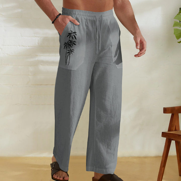 Men's Comfortable Linen Pants with Practical Drawstring and Palm Print Lisslune