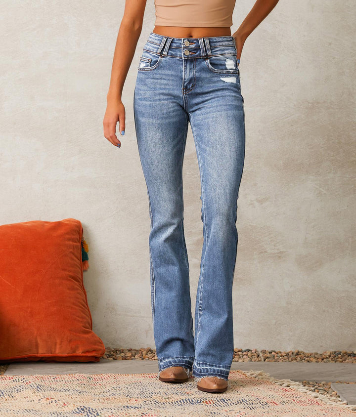 Women's Flared Jeans with High Waist and Fashionable Destroyed Effect Lisslune