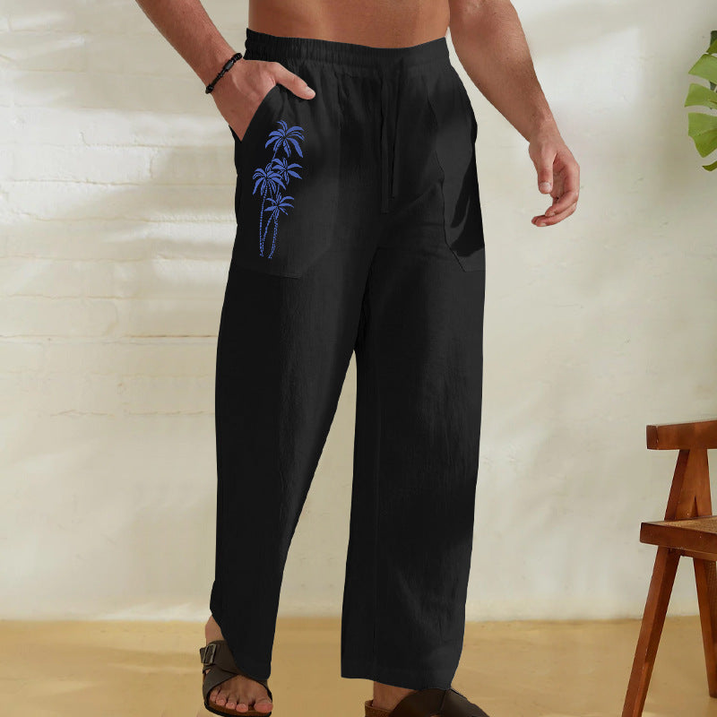 Men's Comfortable Linen Pants with Practical Drawstring and Palm Print Lisslune