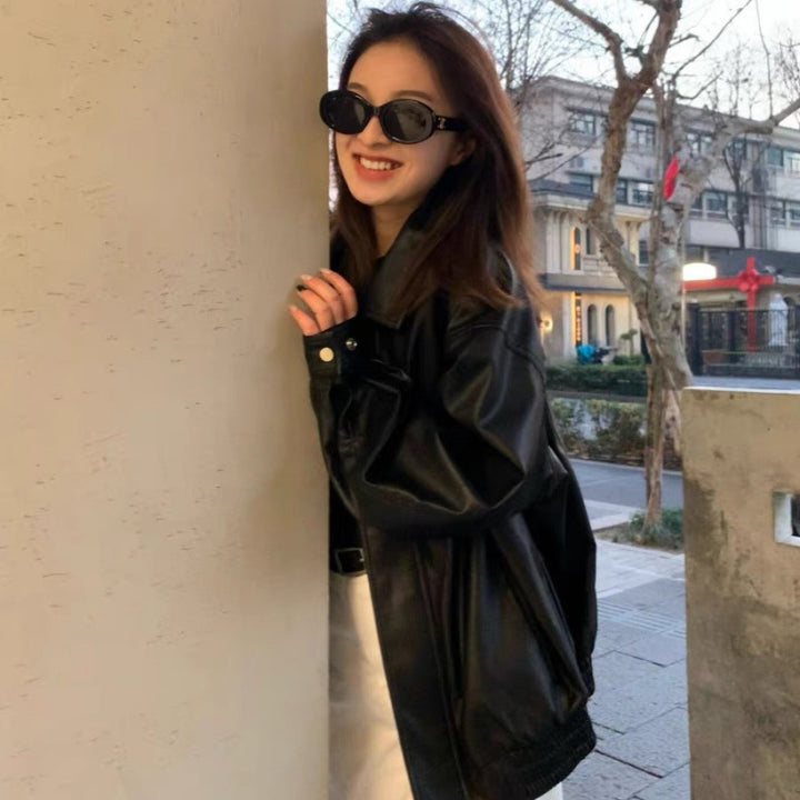 Women's leather jacket in oversized style with fashionable details Lisslune