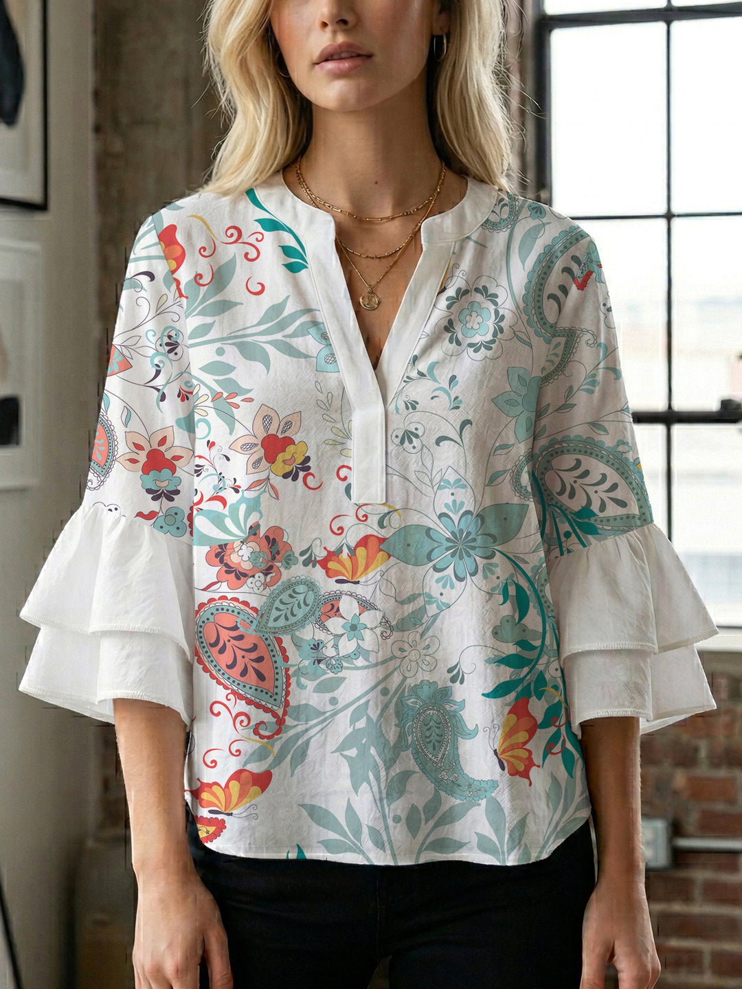 Women's flower creation with voluminous ruffled sleeves Lisslune