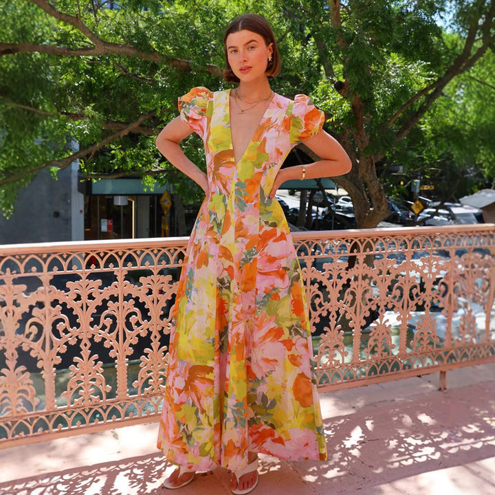 Women's maxi dress with deep V-neck and voluminous sleeves Lisslune