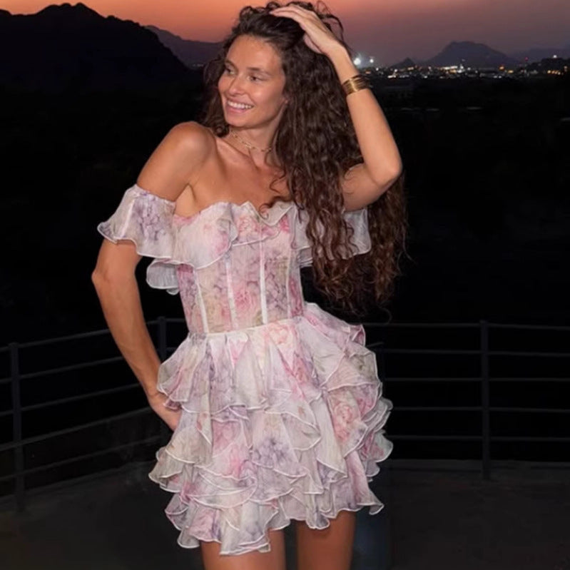 Ladies Ruffled Cocktail Dress with Off-Shoulder Design and Fitted Cut Lisslune