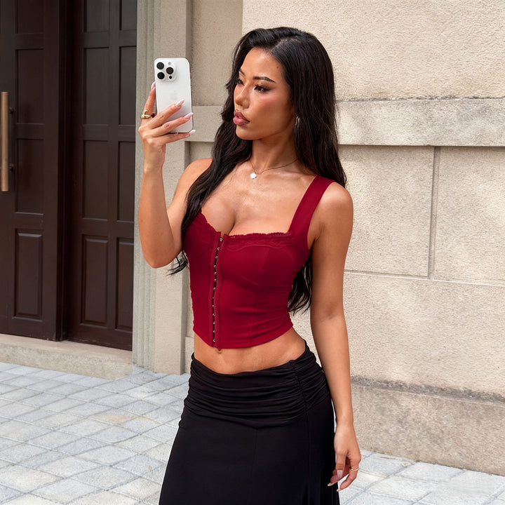 Women's bustier top with lace trim and tailored silhouette