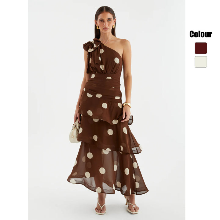 Women's maxi dress with asymmetrical shoulder design and voluminous skirt Lune London