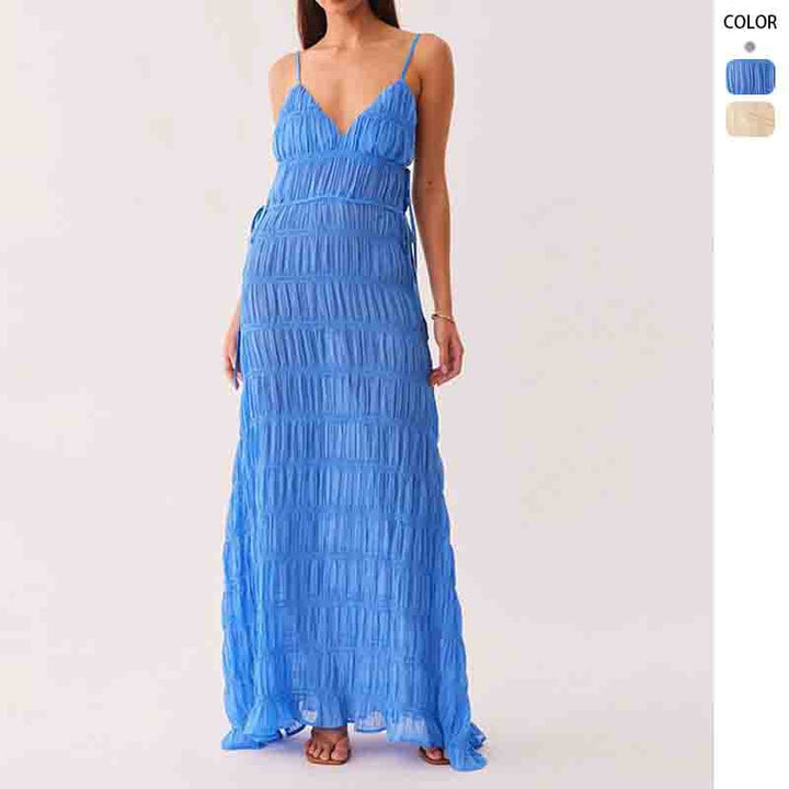 Women’s maxi dress with sophisticated ruffle design and deep V-neck