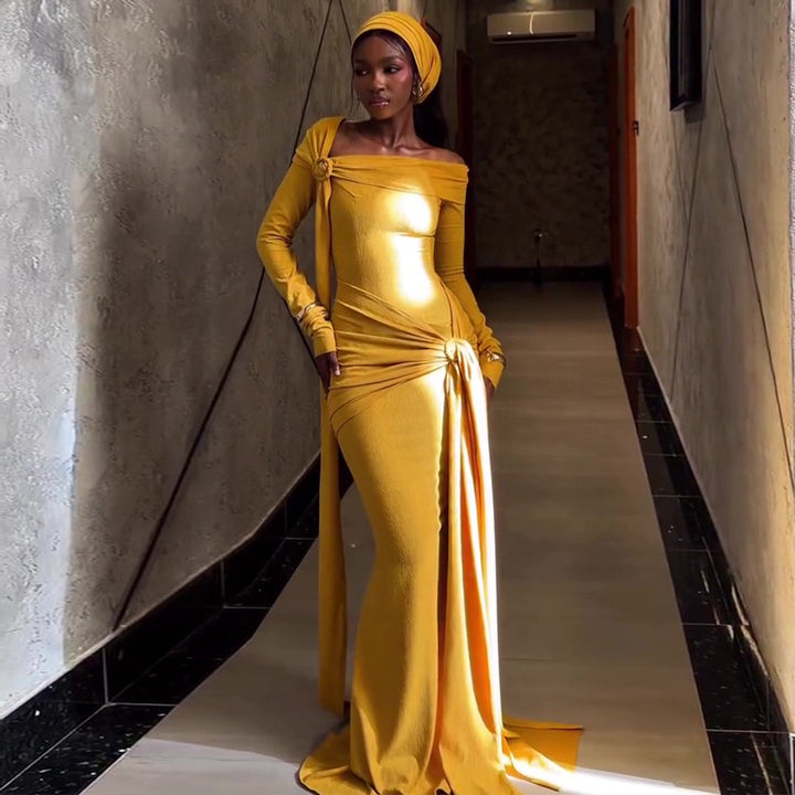 Women's Long-Sleeved Evening Dress with Asymmetrical Cut and Sophisticated Draping Lisslune