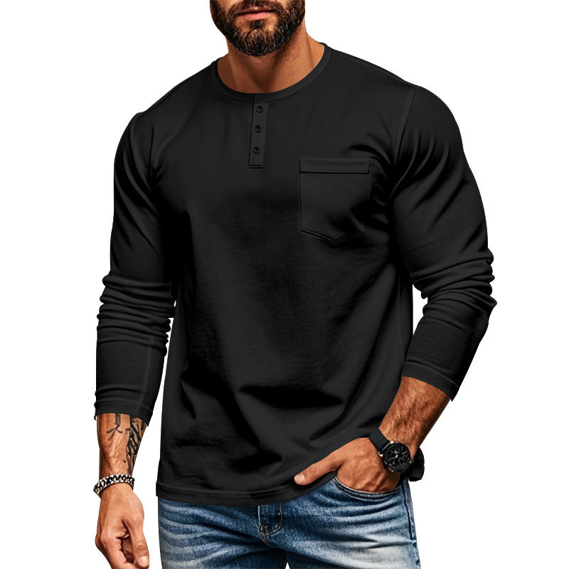 Men's long-sleeved Henley shirt with textured cotton surface and chest pocket Lisslune