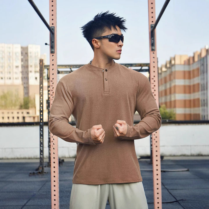 Men's Long Sleeve Henley Shirt made of breathable material with buttoned neckline Lisslune