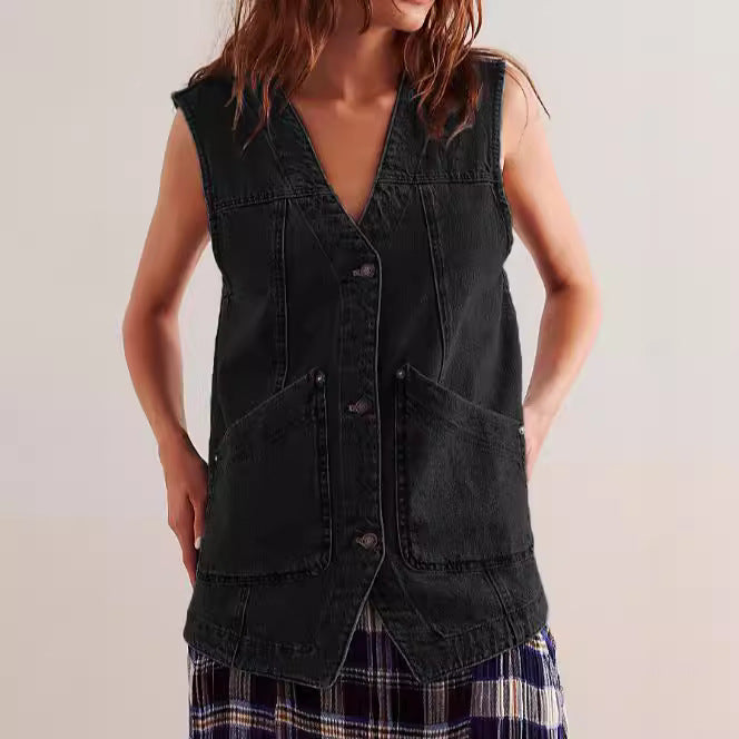 Women's denim overalls jacket with practical pockets and stylish V-neck Lisslune