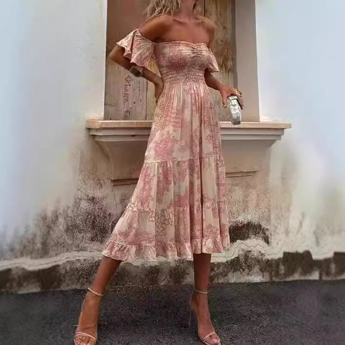 Women's Off-Shoulder Maxi Dress with Ruffle Details and Elastic Waistband Lune London
