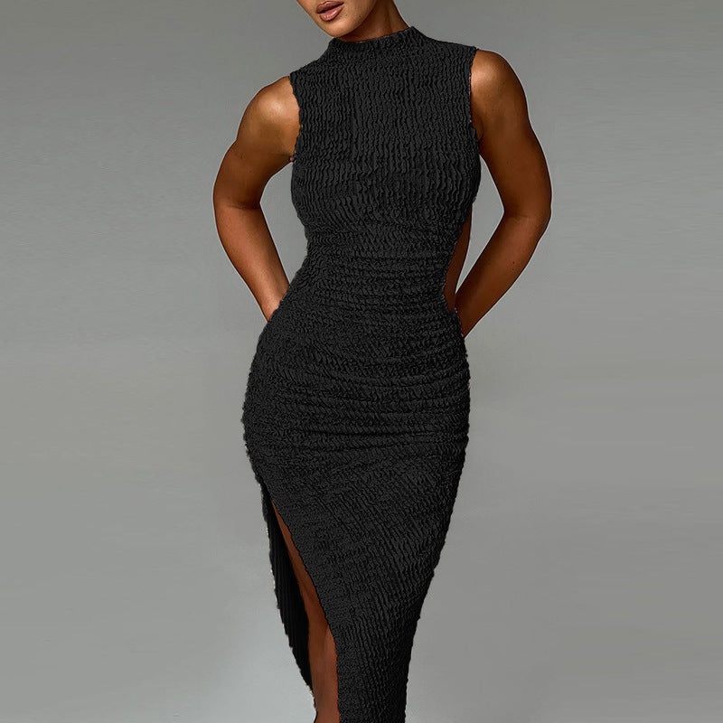 Ladies maxi dress with elegant gathering and side slit Lune London