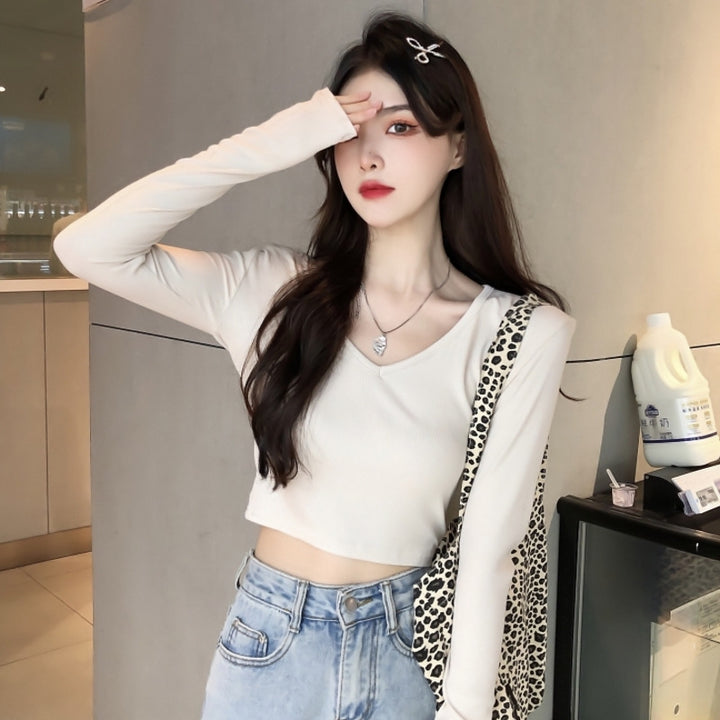 Women Cropped Long Sleeve Shirt with Fashionable V-Neck and Comfortable Materials Lisslune