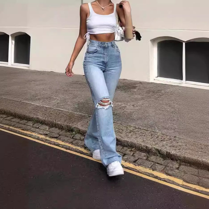 Damen Vintage Schlagjeans mit modischen Rissdetails und hohem Bund Lisslune