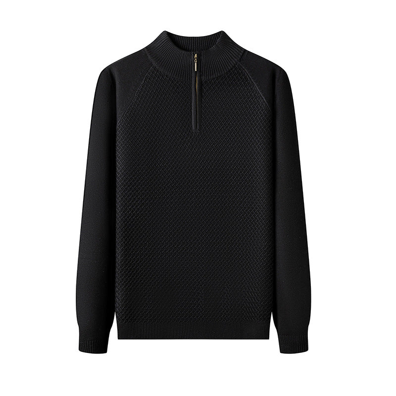 Men's Fine Knit Pullover with Textured Surface and Short Zipper Lisslune