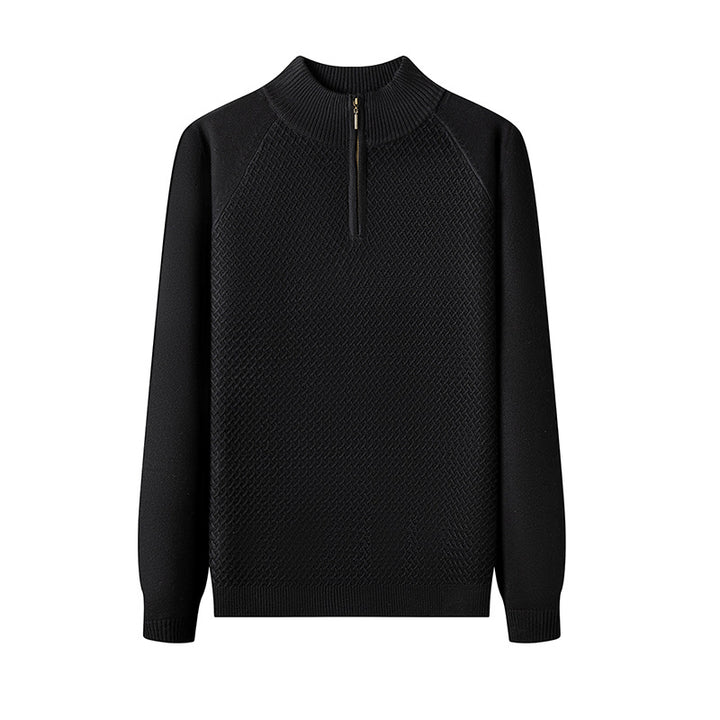 Men's Fine Knit Pullover with Textured Surface and Short Zipper Lisslune