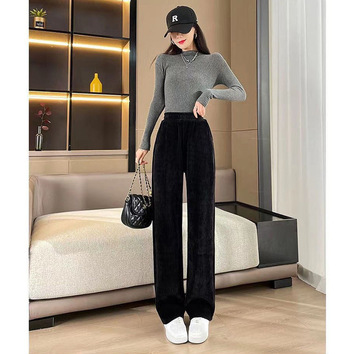 Women's high-waisted corduroy pants with wide leg and elastic waistband
