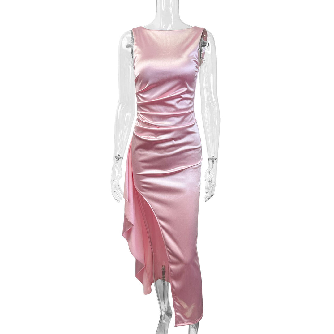 Damen Elegantes Satin Abendkleid mit asymmetrischem Saum und seitlichem Schlitz Lisslune
