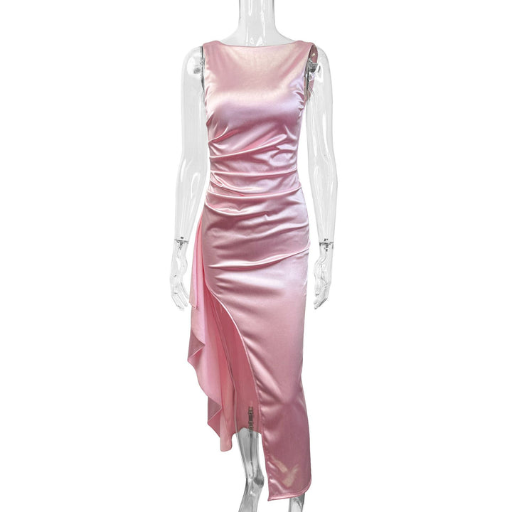 Damen Elegantes Satin Abendkleid mit asymmetrischem Saum und seitlichem Schlitz Lisslune