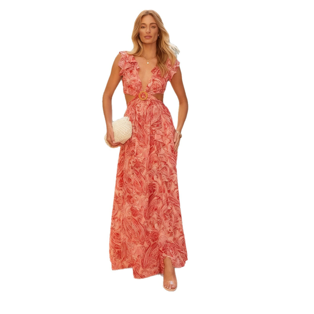 Women's maxi dress with voluminous ruffle details and deep V-neck