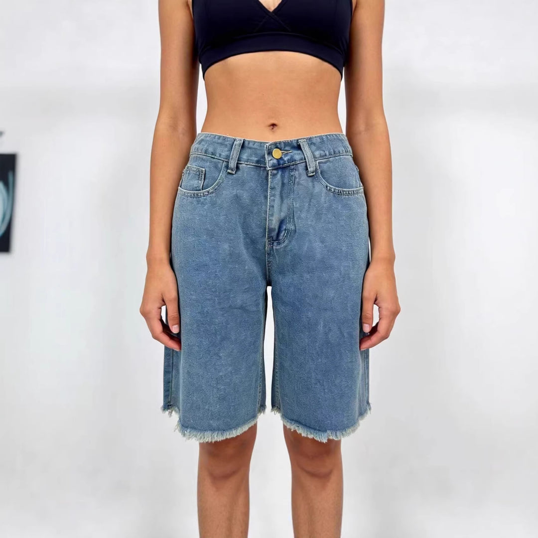 Women’s casual denim shorts with frayed hems and high waist Lisslune