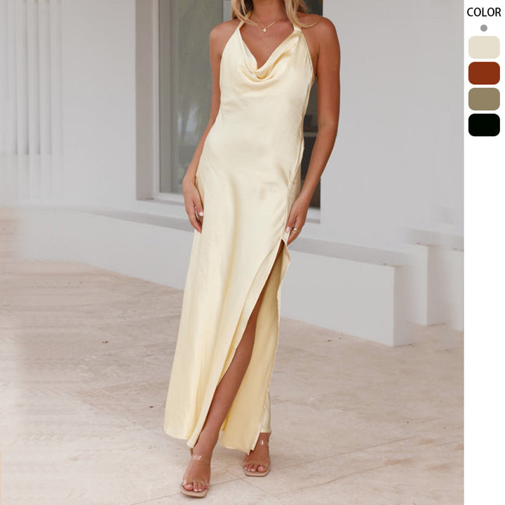 Women Elegant Long Dress with Chic Waterfall Neckline and High Slit Lisslune