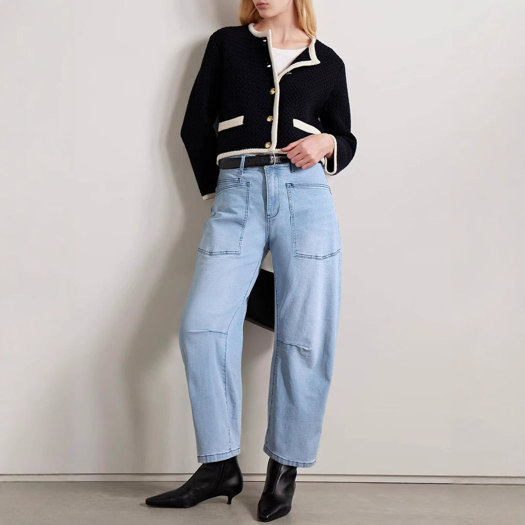Women's mid-rise denim pants with unique patched pockets Lisslune