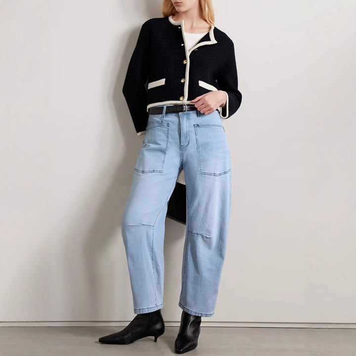 Women's mid-rise denim pants with unique patched pockets Lisslune