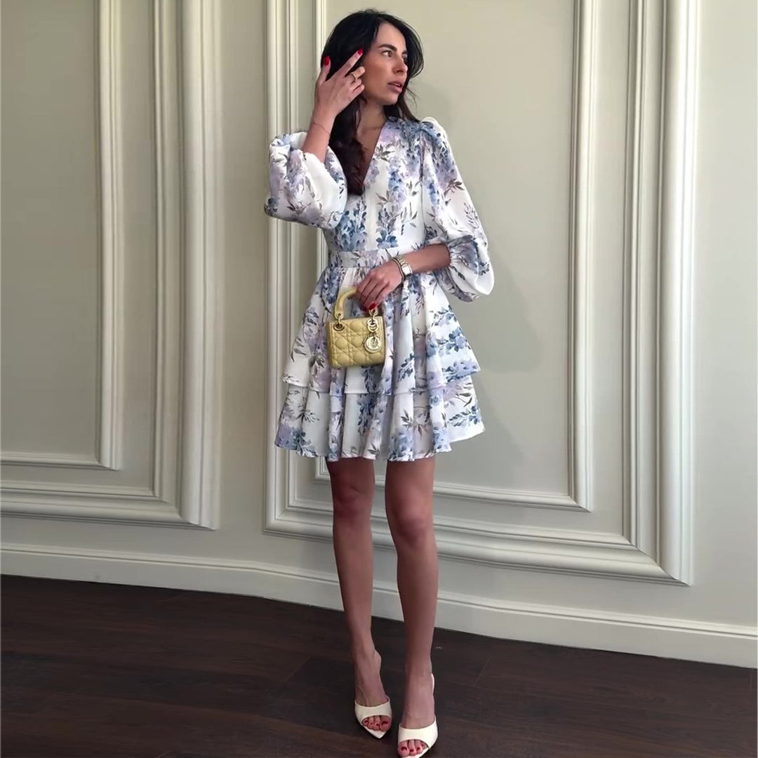 Women's trendy short dress with voluminous sleeves and floral pattern Lisslune