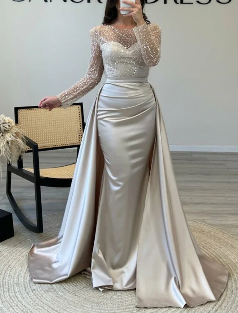 Women Elegant Evening Dress with Glitter Details and Flowing Fabric