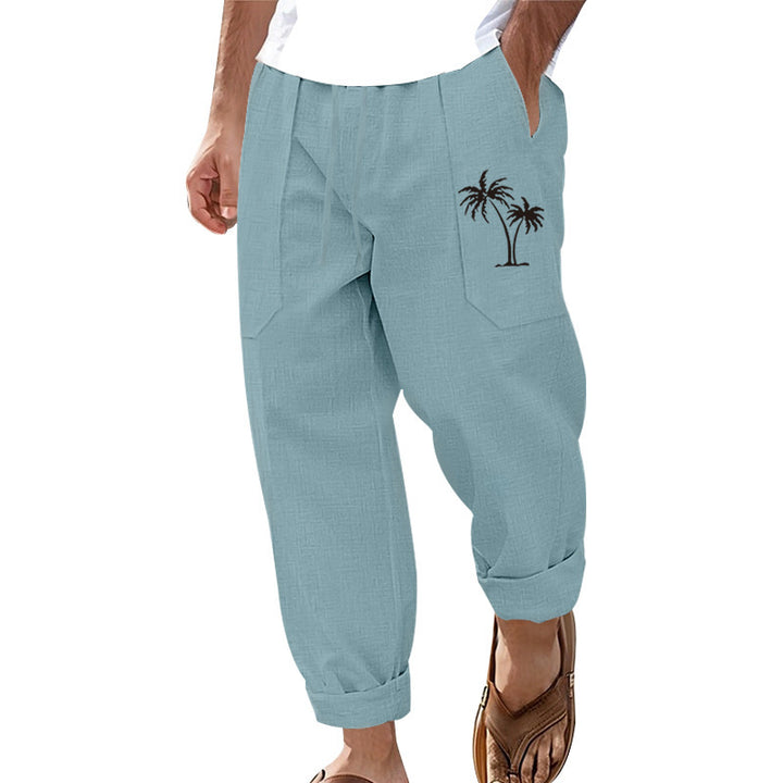 Men's airy linen cargo pants with practical pockets and palm embroidery Lisslune