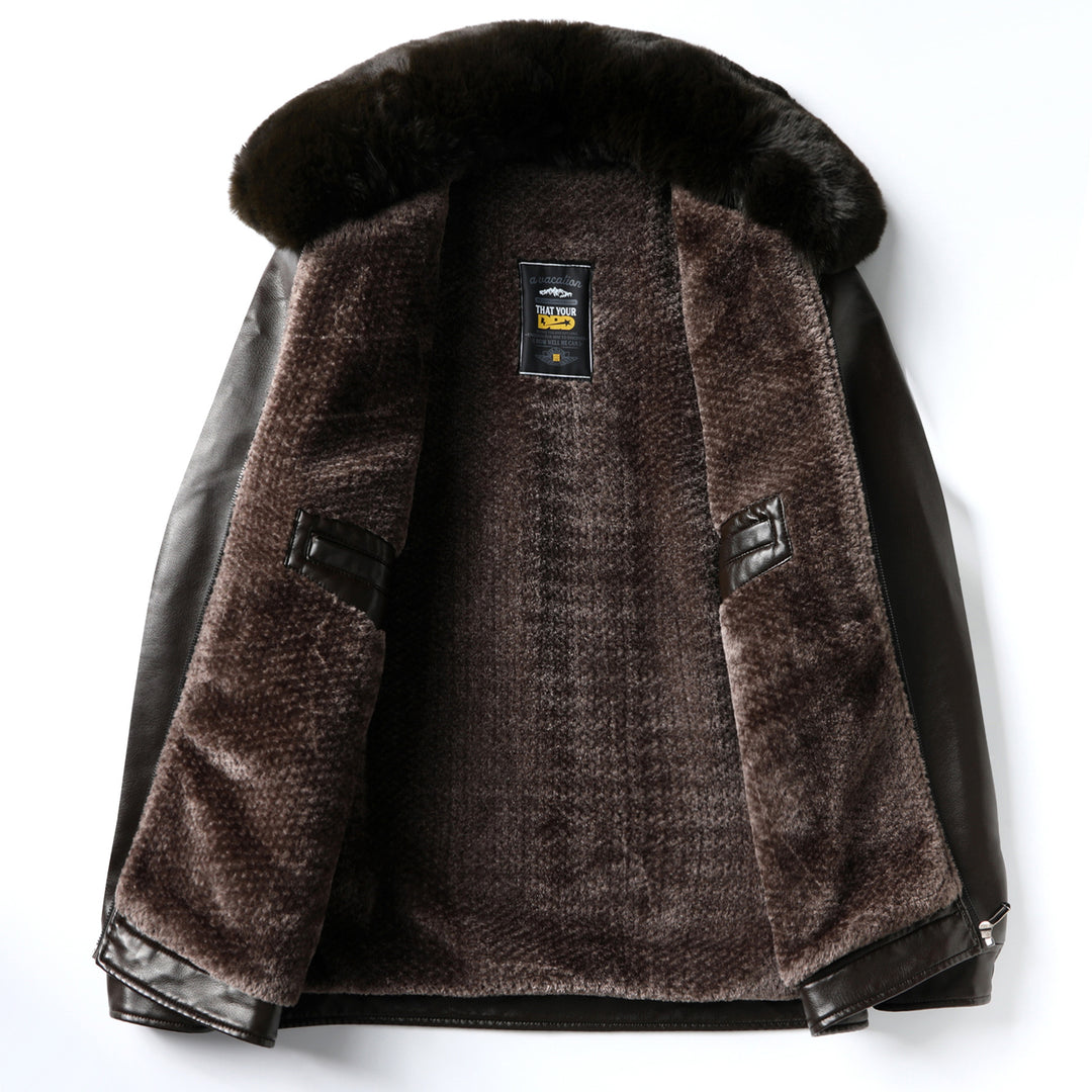 Men's Luxurious Leather Jacket with Removable Synthetic Fur Collar Lisslune