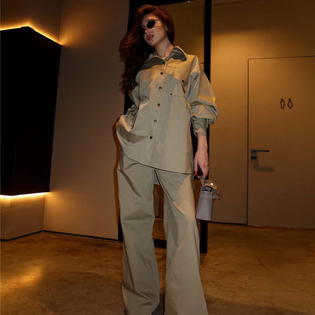Women's Oversized Shirt Blouse Suit with Trendy Cut and Press Buttons