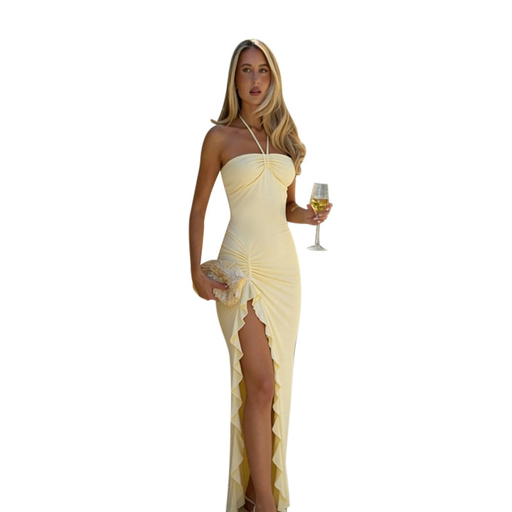 Women Elegant Maxi Dress with Ruffle Design and Halter Straps Lune London