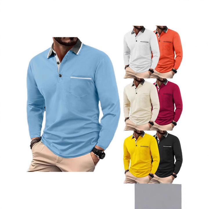 Men's Long Sleeve Polo Shirt with Textured Collar and Chest Pocket Lisslune